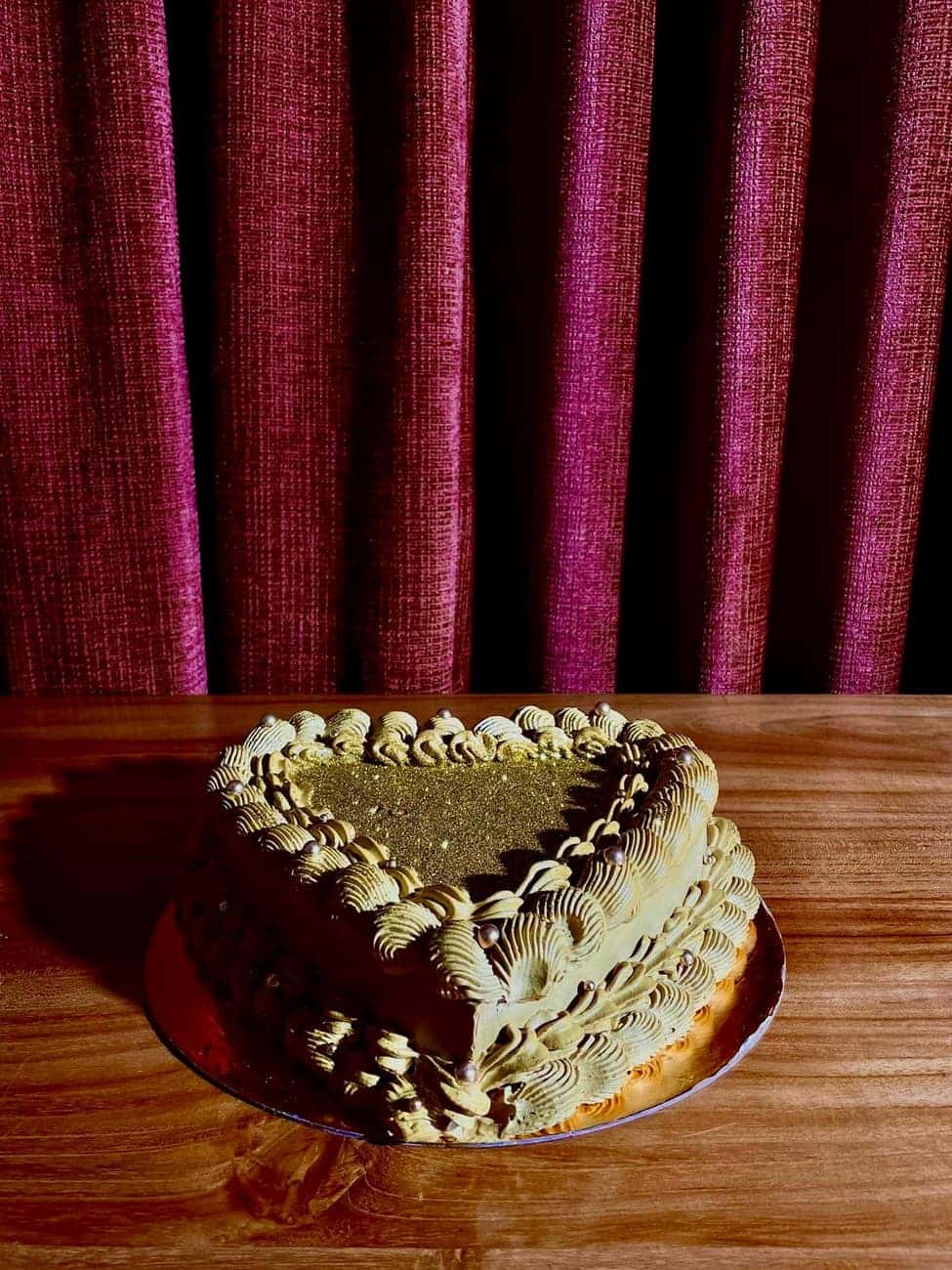 Chocolate cake on a wooden table
